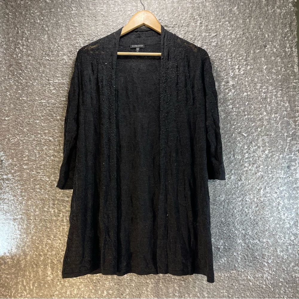 EILEEN FISHER Merino Wool Women Black Cardigan Floral 3/4 Sleeve Petite Small